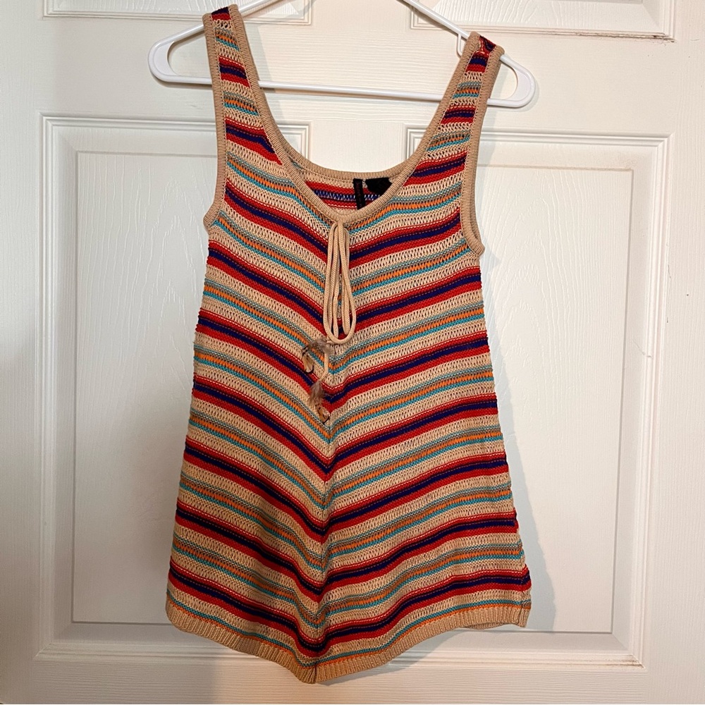 - Crochet Sweater Tank Top Boho colorful striped feather tassels med knit Indie